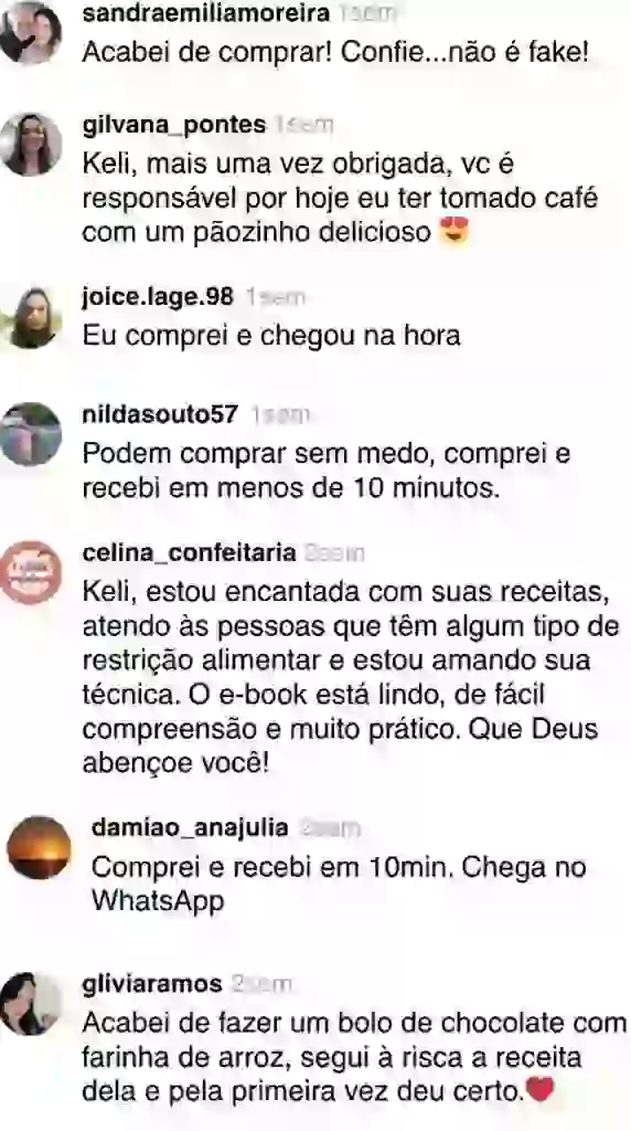 Depoimentos de clientes satisfeitos com nossas receitas, dizendo que é seguro, compra tranquila